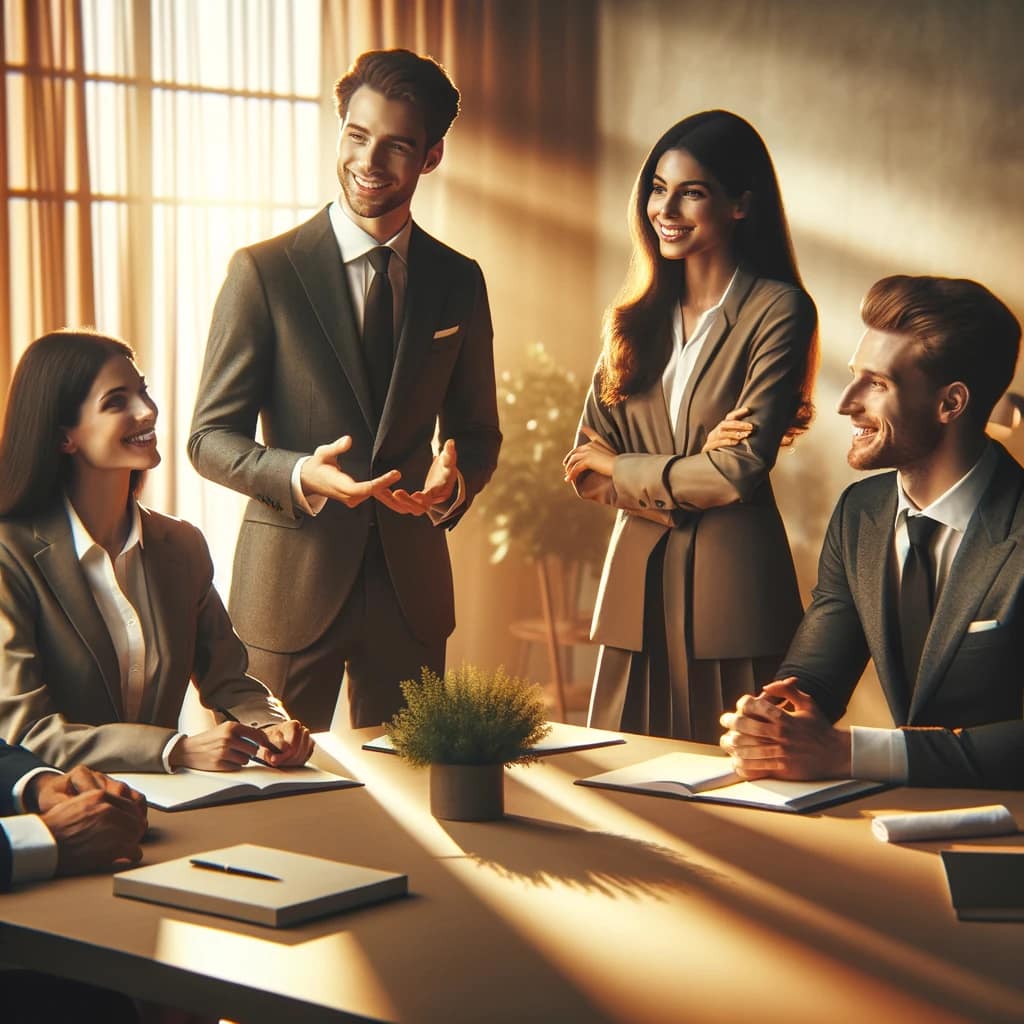 DALL·E 2024-02-24 15.22.18 - Five people conversing at what appears to be a work meeting, all smiling and dressed in formal office attire. The scene is warm and looks like it's fr