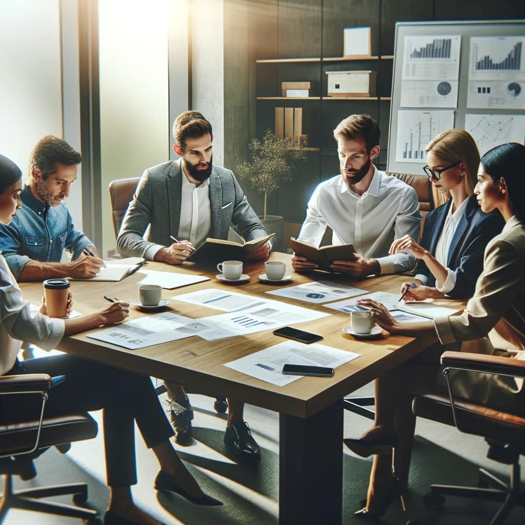 DALL·E 2024-02-24 22.43.12 - Five people in a less formal meeting, with documents scattered across the table, situated in what appears to be a boardroom. Two of the individuals ar