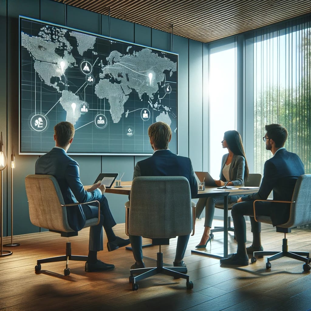 DALL·E 2024-02-26 00.07.06 - Four people in a meeting room, styled similarly to the previous images, are looking at a presentation on a screen mounted on the wall, which displays